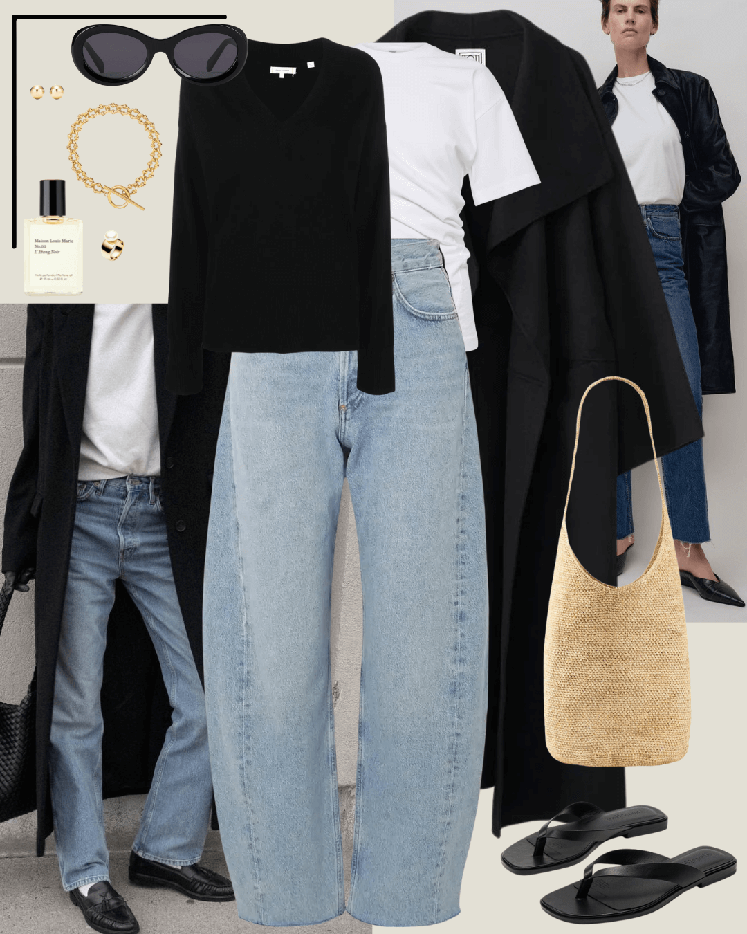 Airport outfits black coat with jeans and sandals