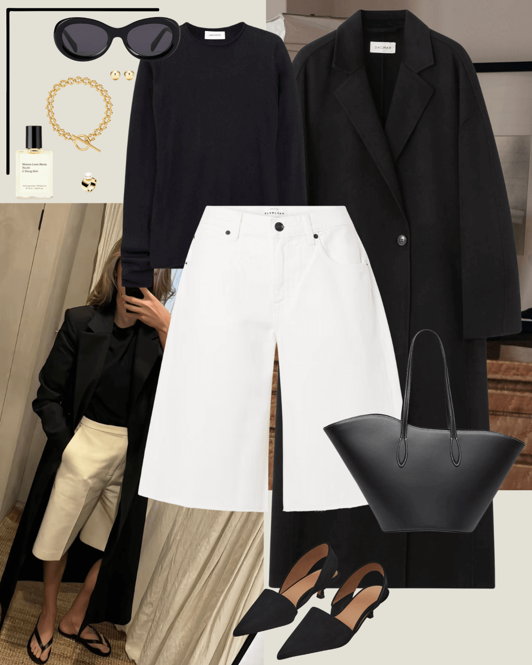 Airport outfits black coat with black jumper and white denim shorts