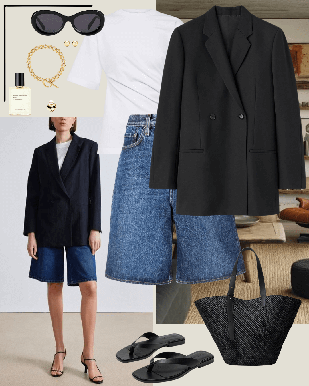 Airport outfits black blazer with white tshirt and denim shorts