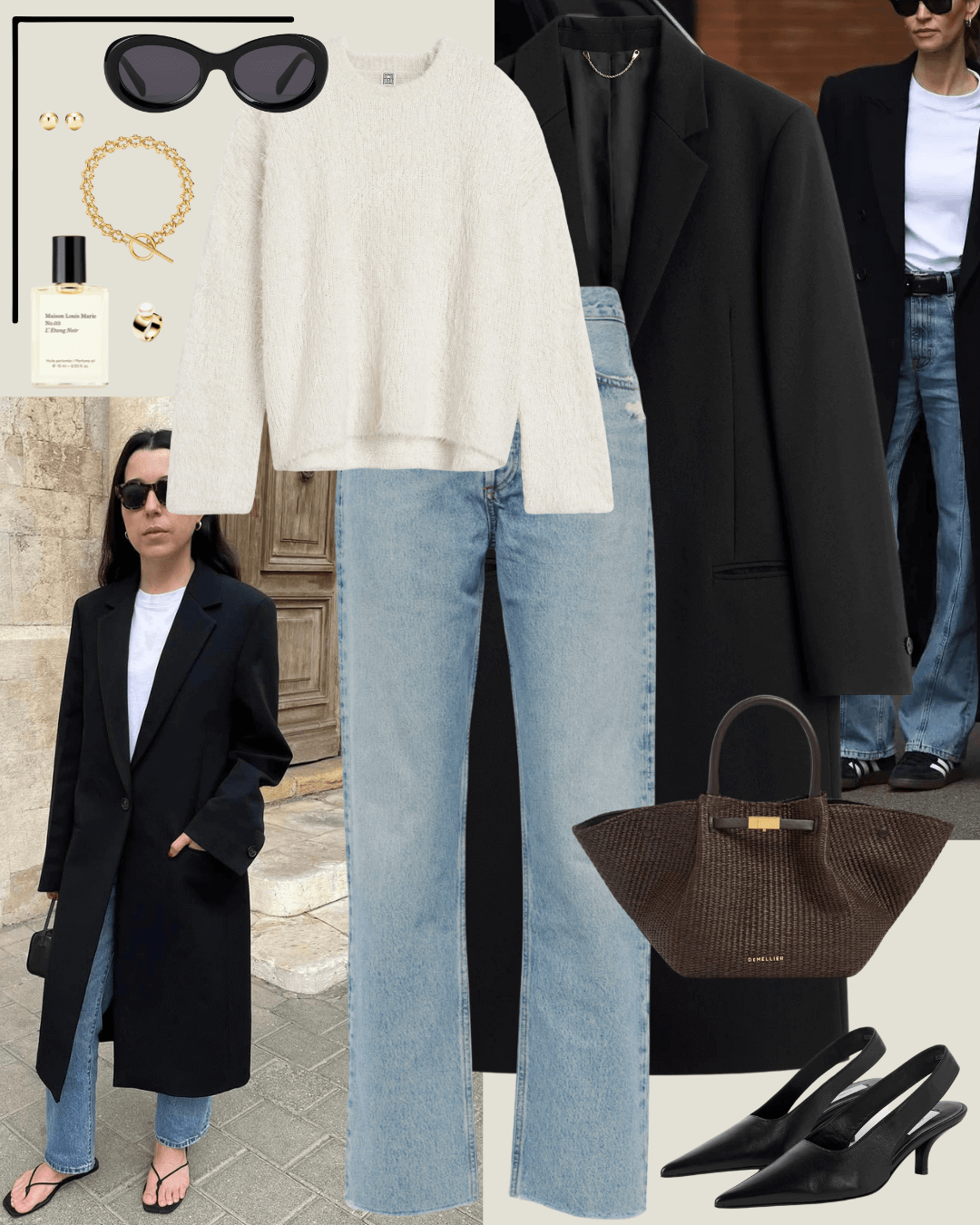 Airport outfit black coat with cream jumper and jeans