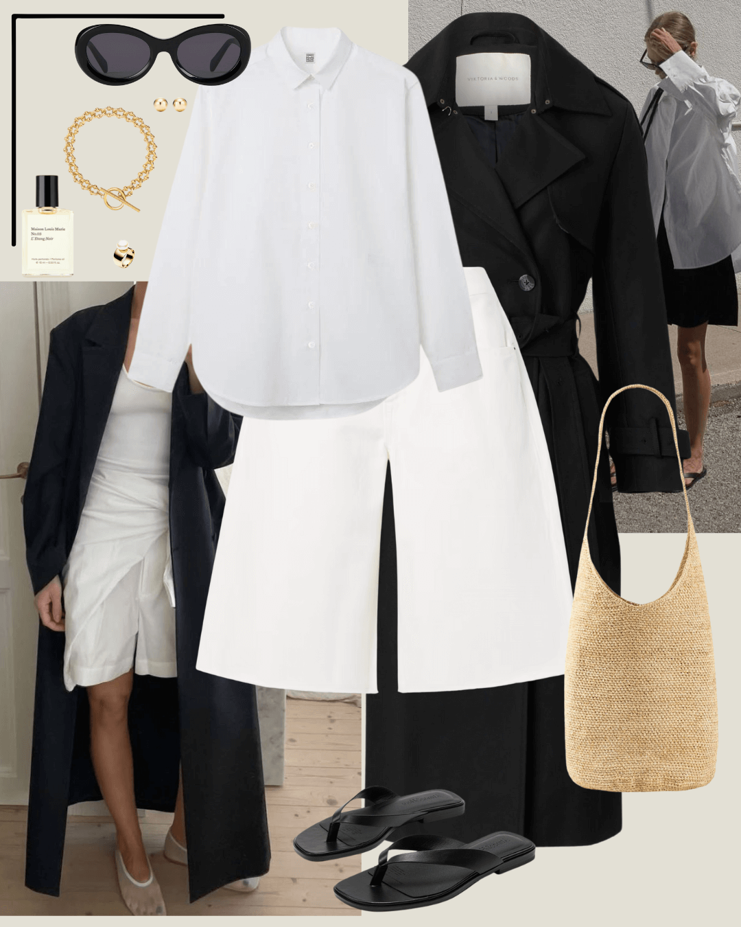 Airport outfits black trench, white shirt, white denim shorts, sandals