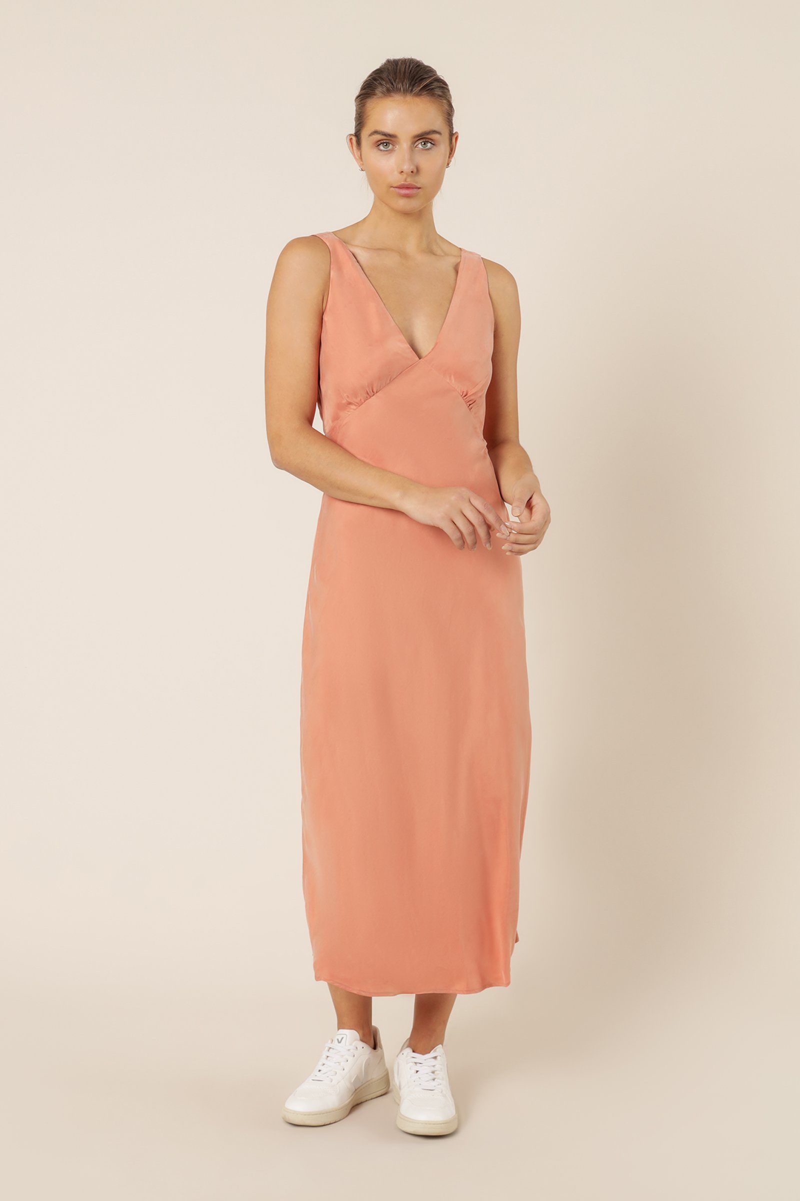 Nude Lucy Reese Cupro V Neck Midi Dress in Terracotta