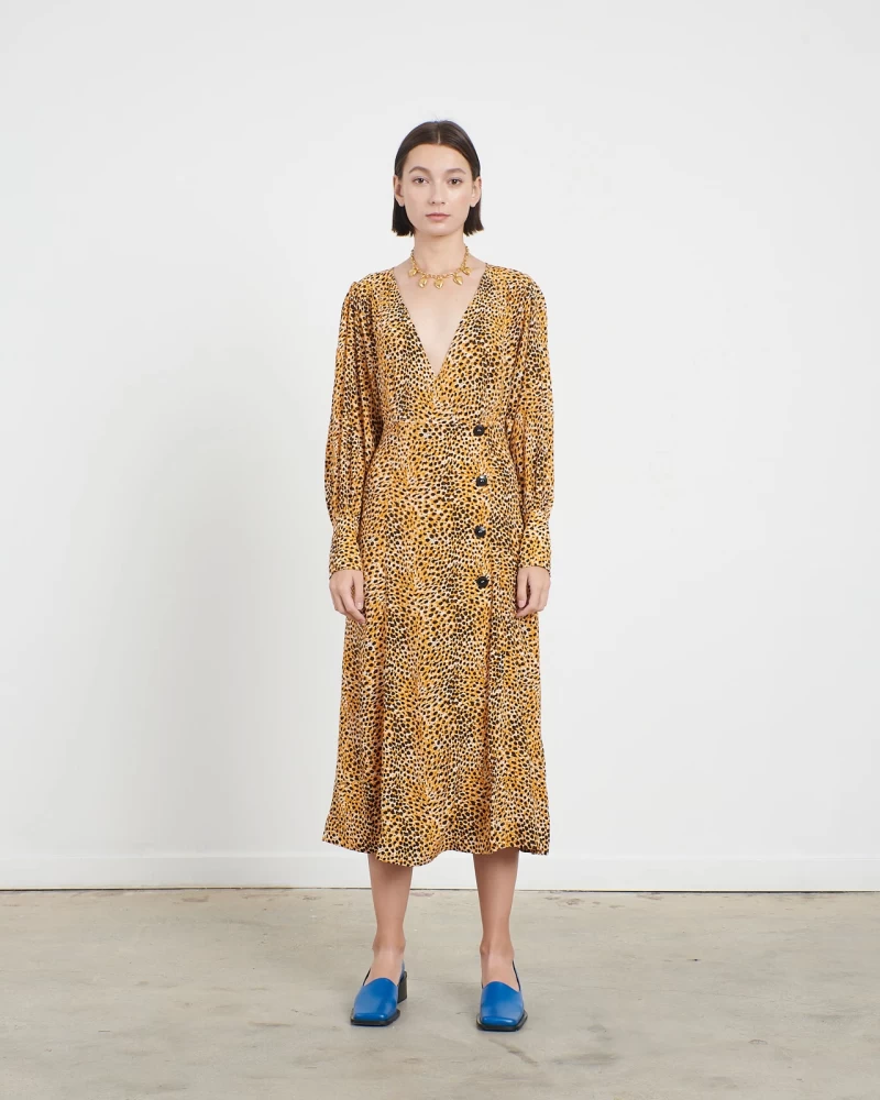 Ganni Printed Crepe Dress in Bright Marigold