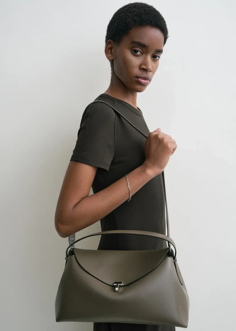 Toteme T-Lock leather top handle bag in ash