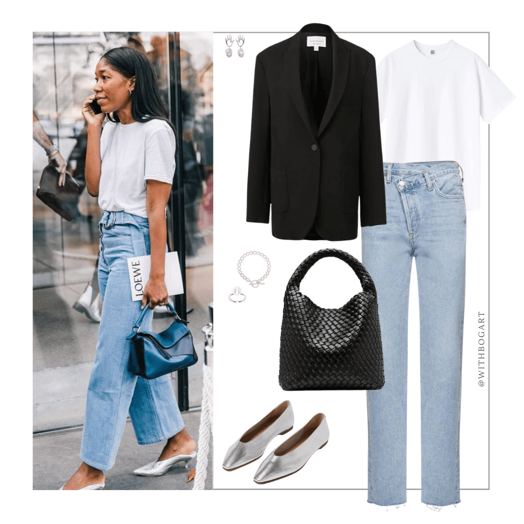 Woman wearing black blazer, tshirt, jeans and silver flats