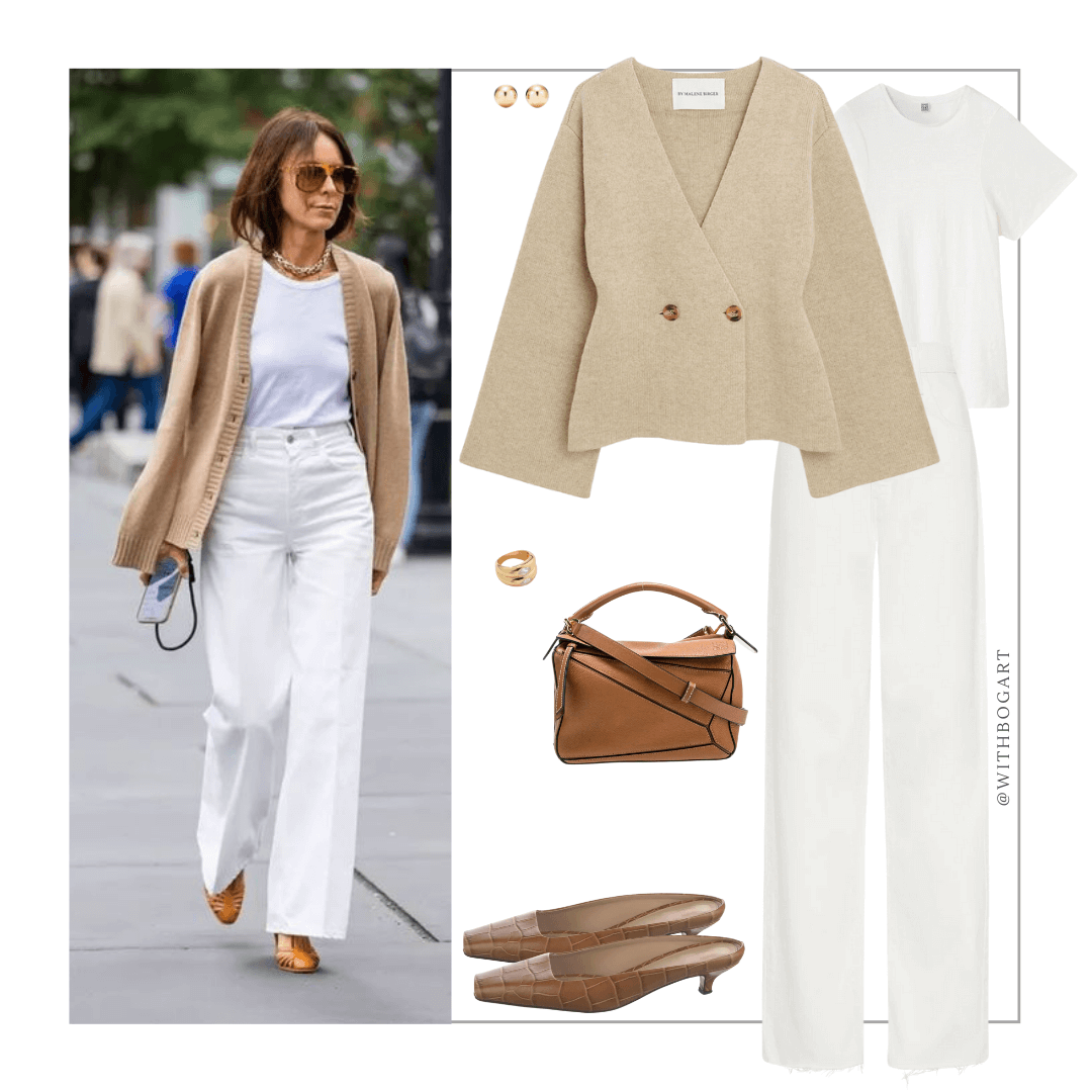 Woman wearing beige jacket, white tee, white jeans, low heels