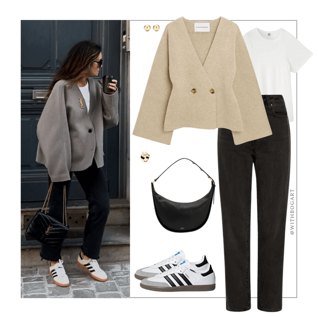 Beige jacket, white tee, black jeans, Samba sneakers