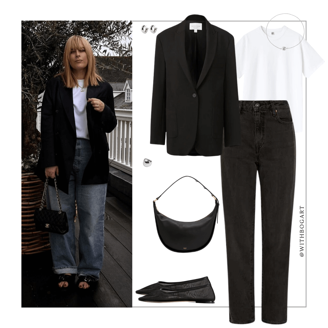 Woman wearing black blazer, white tee, black jeans and black ballet flats