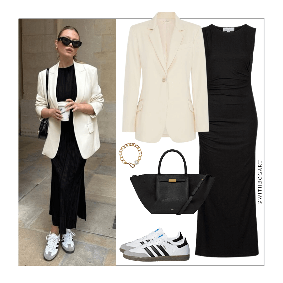 Woman wearing cream blazer, black dress and Samba sneakers