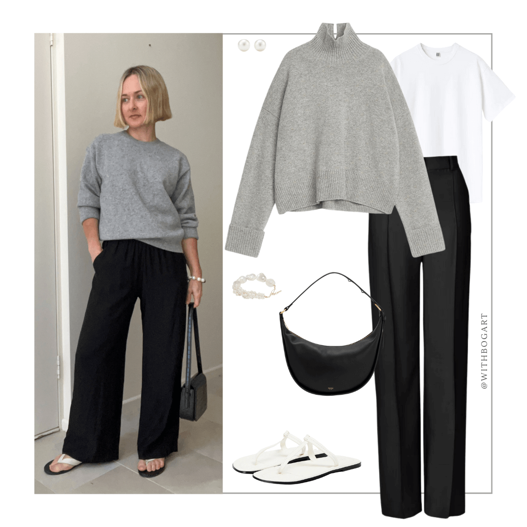 Woman wearing grey jumper, white tee, black pants and white sandals