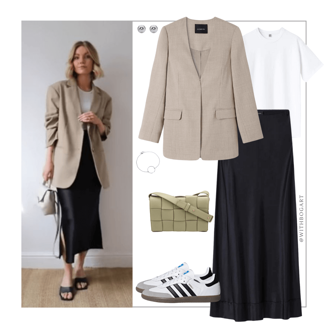 Woman wearing beige blazer, white tee, black slip skirt, and Samba sneakers