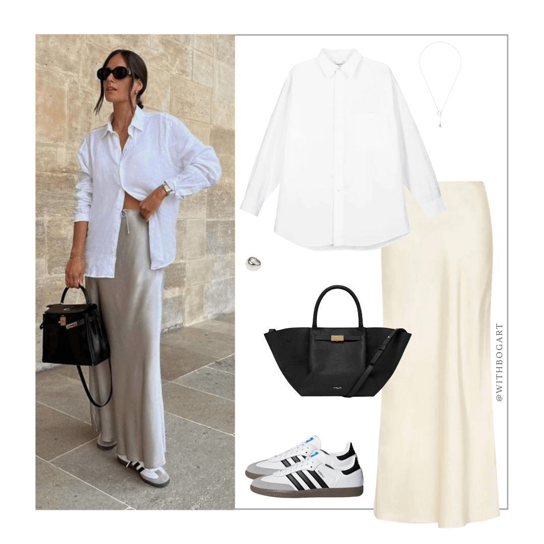 Woman wearing white shirt, cream slip skirt, Samba sneakers