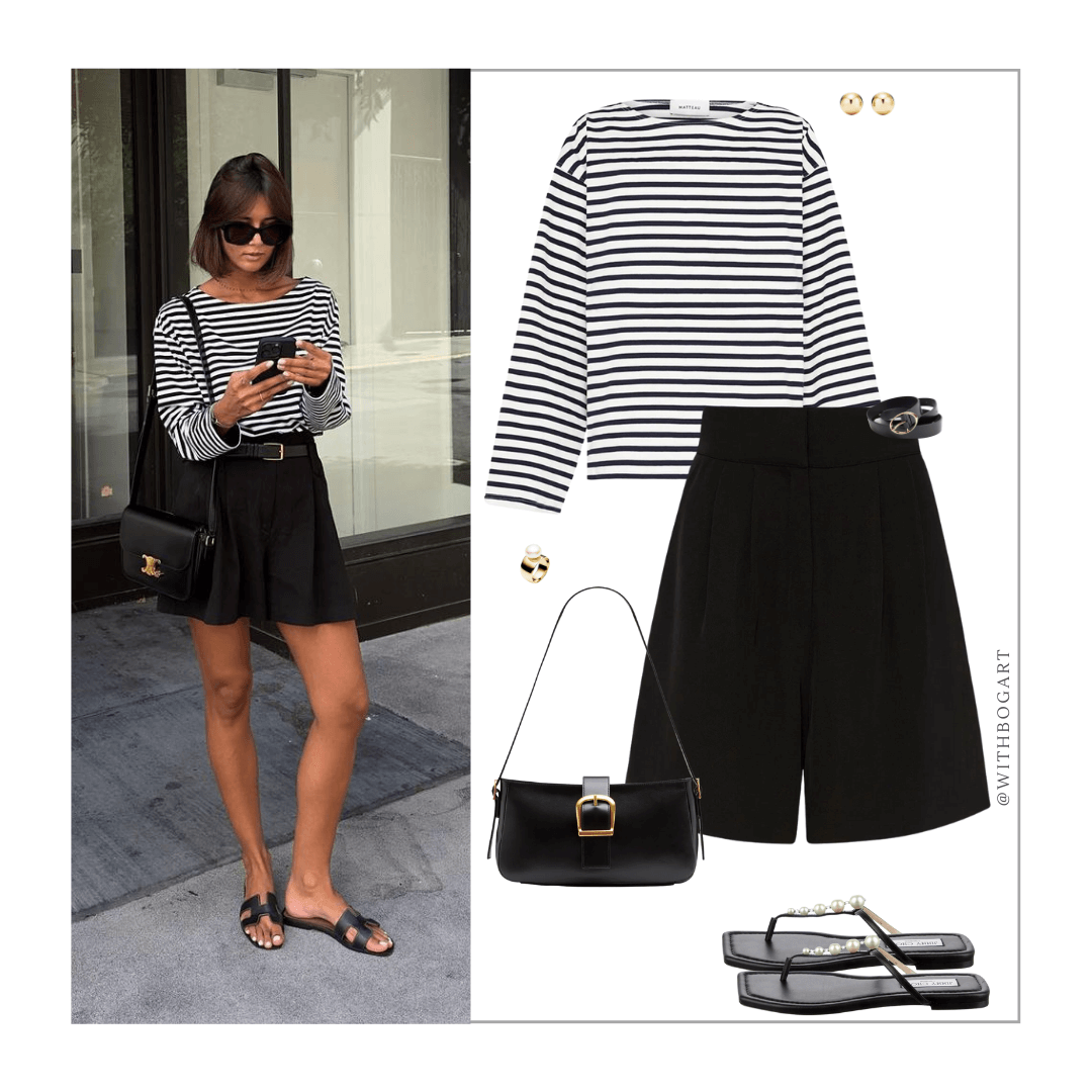 Woman wearing breton top, black shorts, and sandals