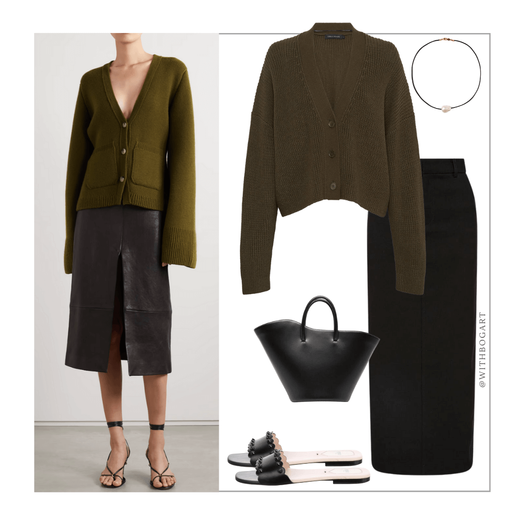 Woman wearing olive green cardigan, black pencil skirt, black sandals