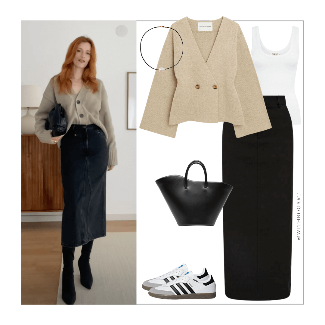 Woman wearing beige jacket, white singlet, black pencil skirt and Samba sneakers