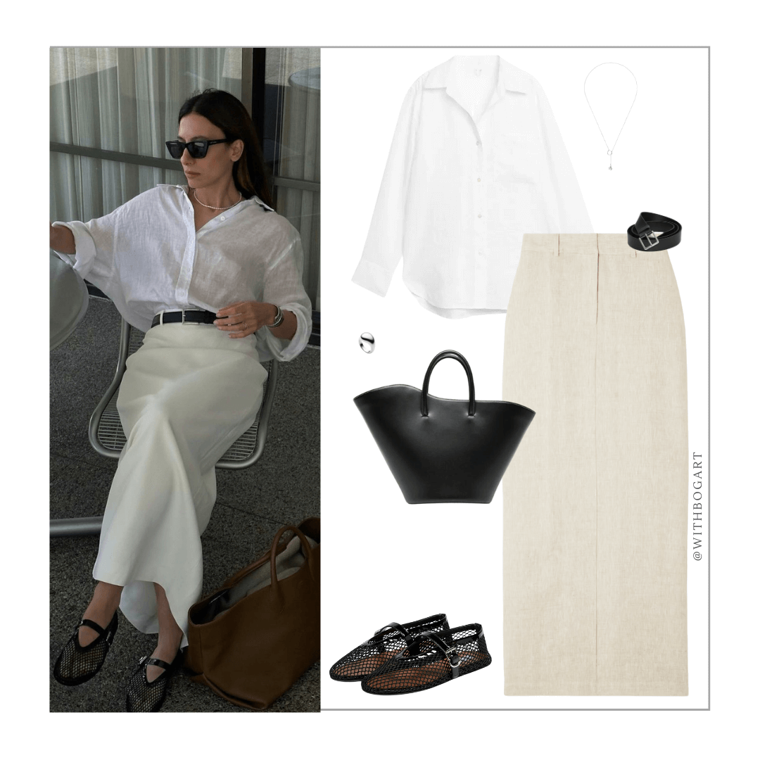 Woman wearing white shirt, beige linen pencil skirt, black mesh mary jane flats