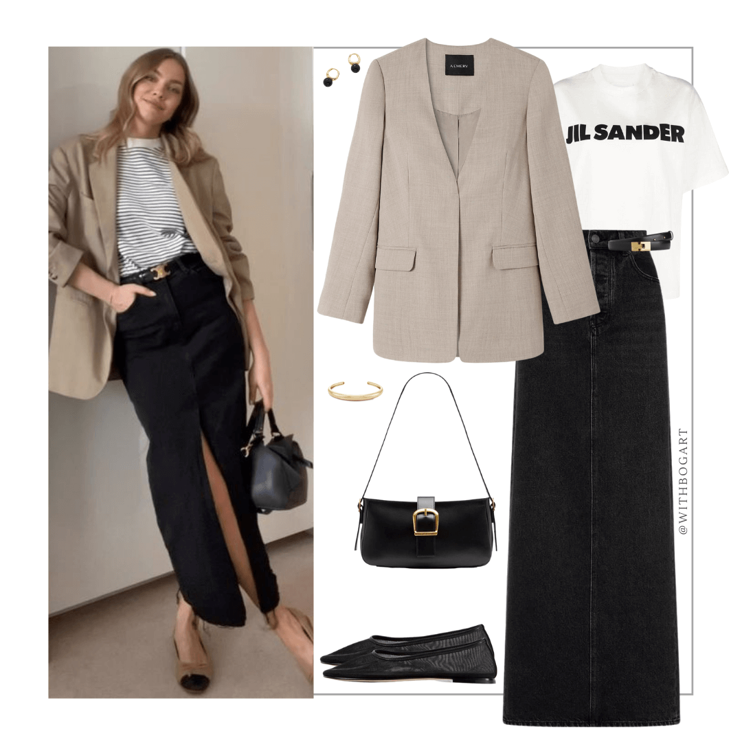 Woman wearing beige blazer, white tee, black denim skirt, mesh ballet flats