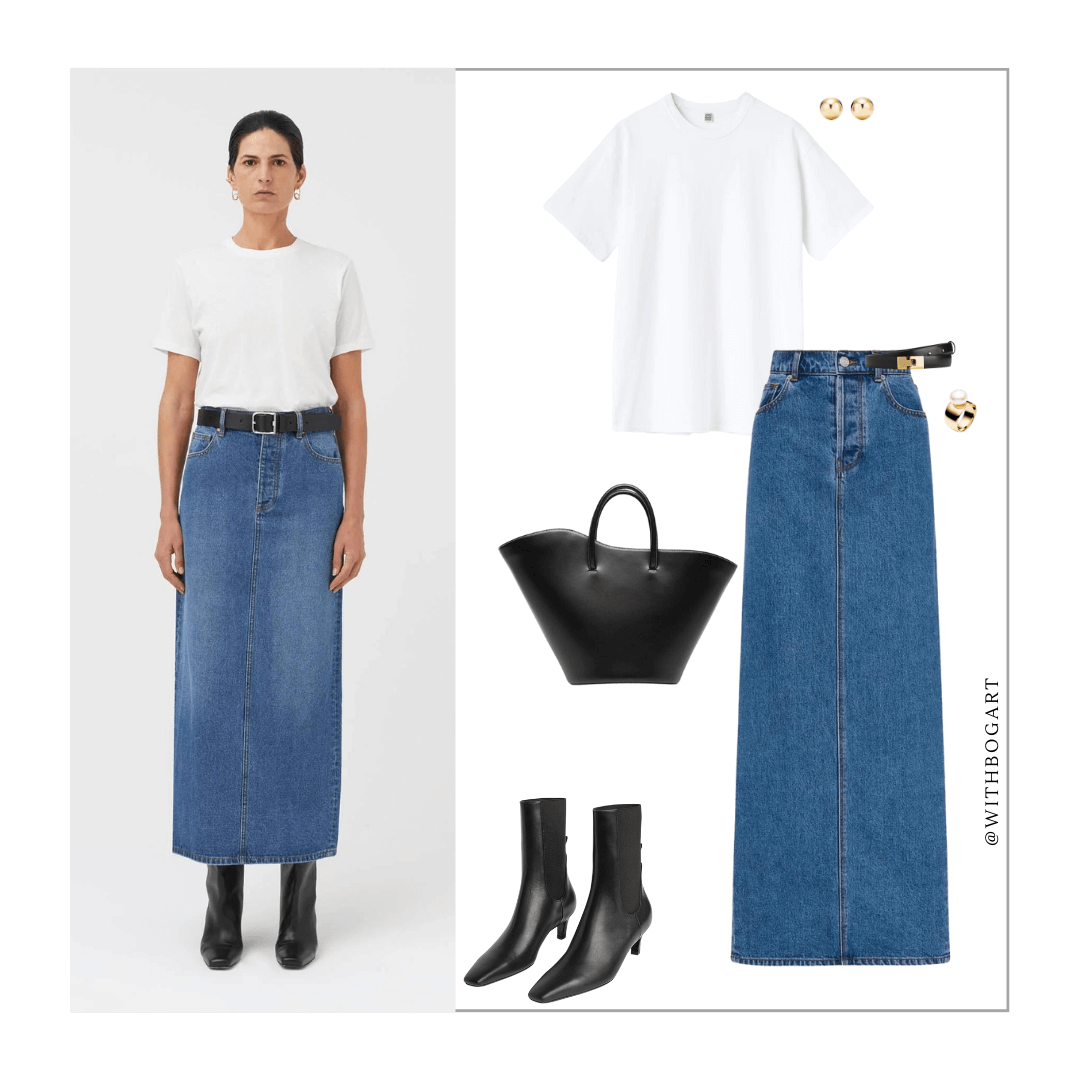 Woman wearing white tshirt, maxi denim skirt, and black boots