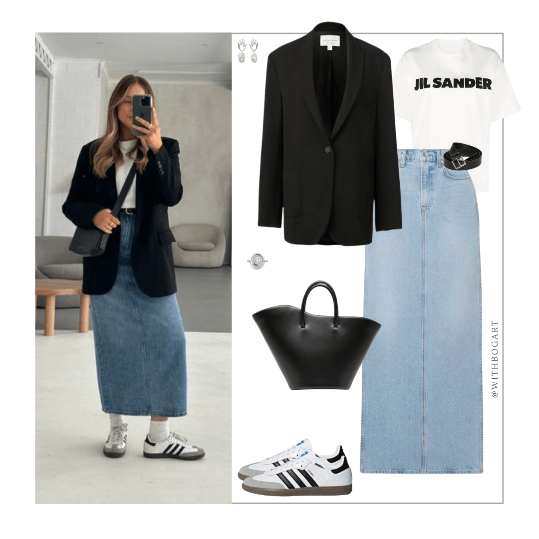 Woman wearing black blazer, white tee, denim skirt, Samba sneakers