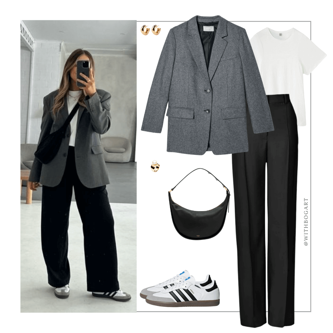Woman wearing grey blazer, white tee, black pants and Samba sneakers