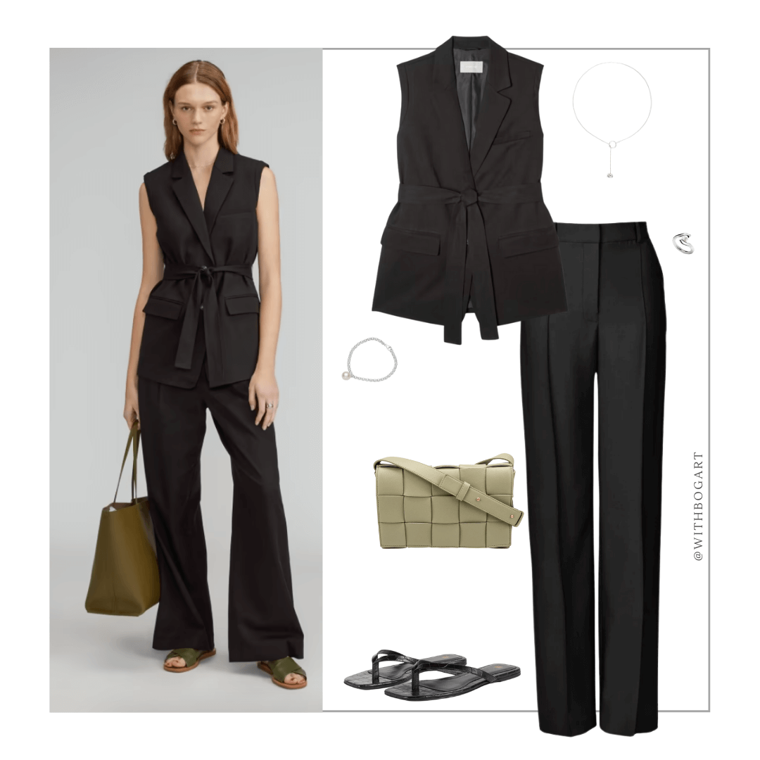 WOman wearing black vest, black pants and black sandals