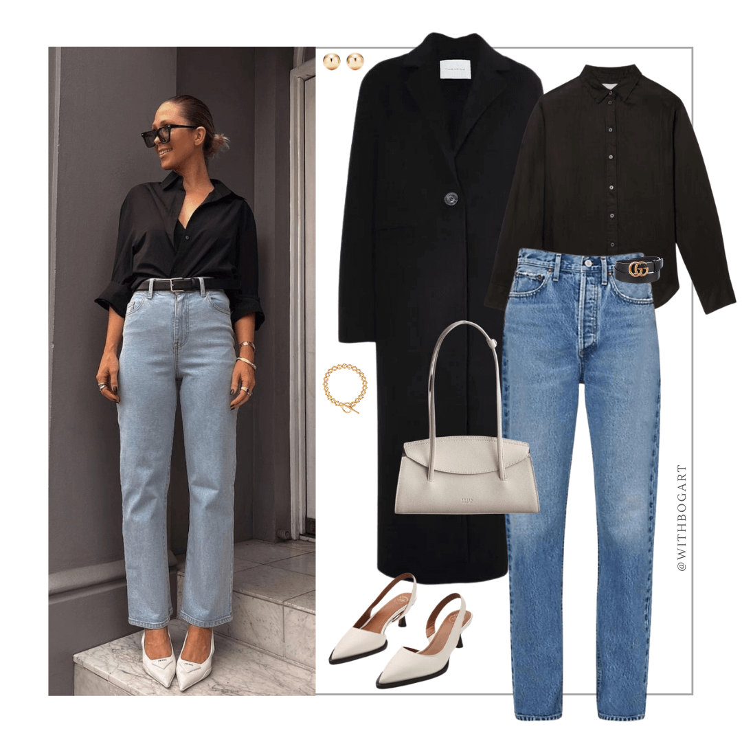 Woman wearing black shirt, jeans and heels