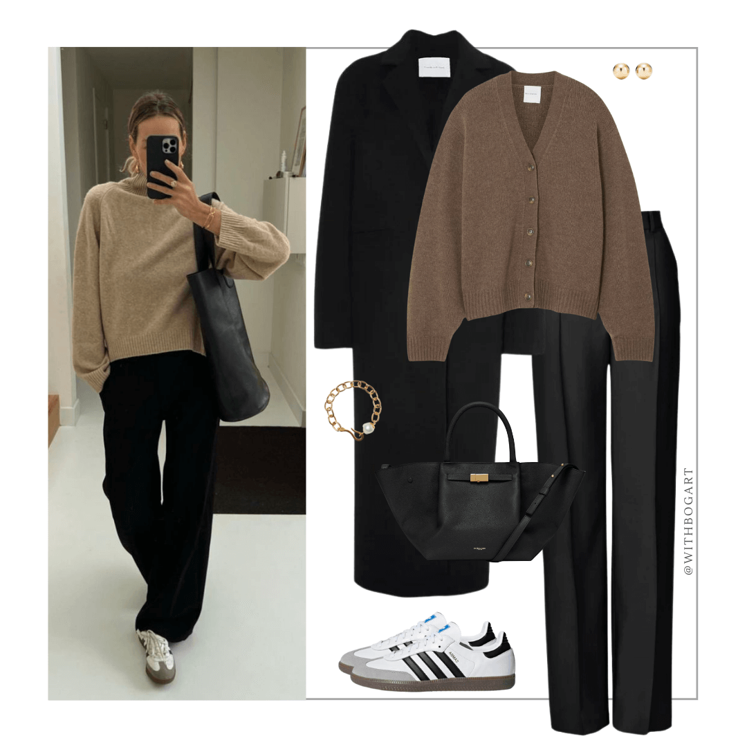 Woman wearing brown cardigan, black coat, black pants and Samba sneakers