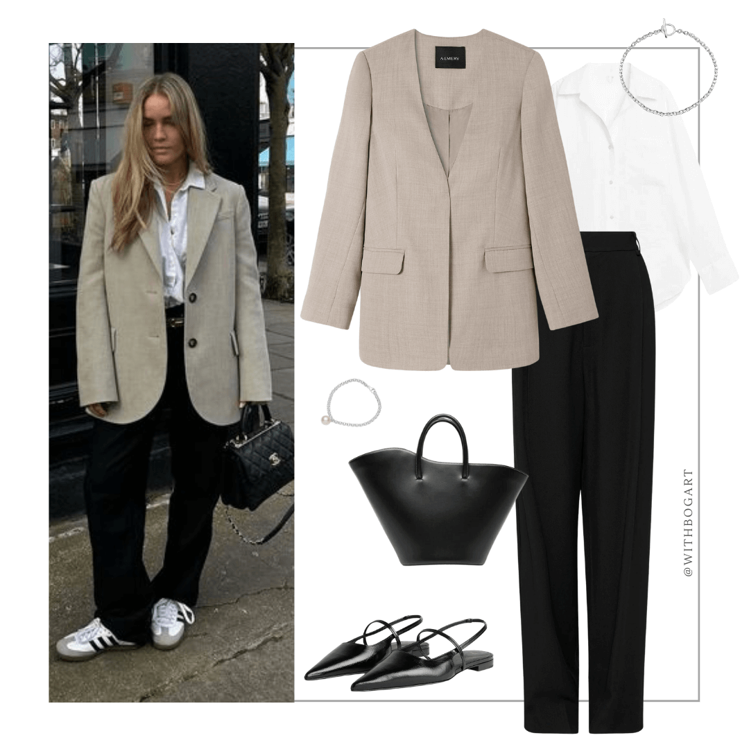 Beige blazer, white shirt, black pants, black flats