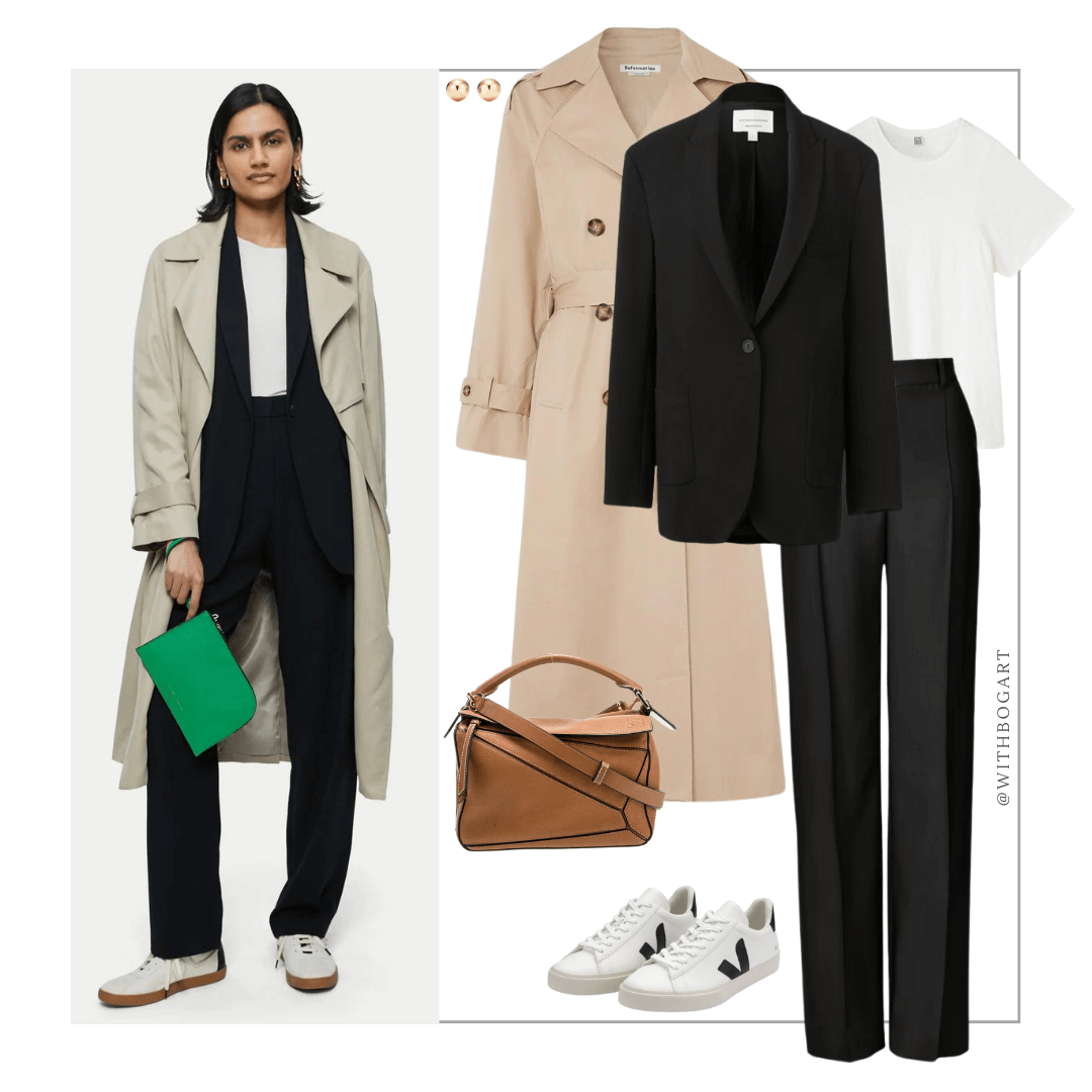 Woman wearing trench, black blazer, white tee, black pants, sneakers