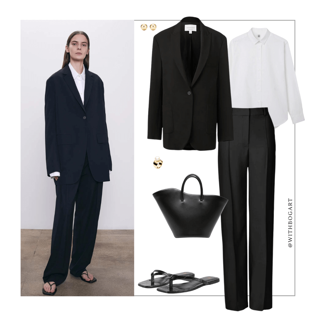 Woman wearing black blazer, white shirt, black pants and black sandals