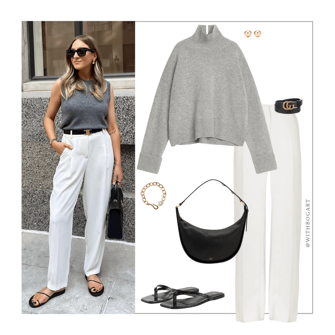 Woman wearing grey jumper, white pants and black sandals