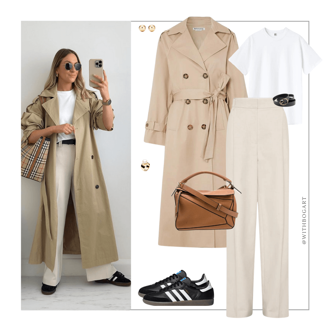 Woman wearing trench coat, white tee, cream pants and Samba sneakers