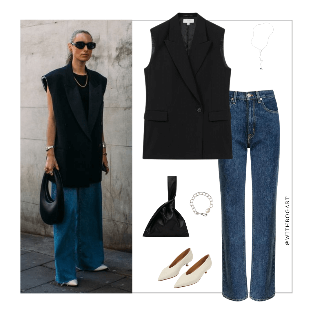 Woman wearing longline waistcoat, jeans and white heels