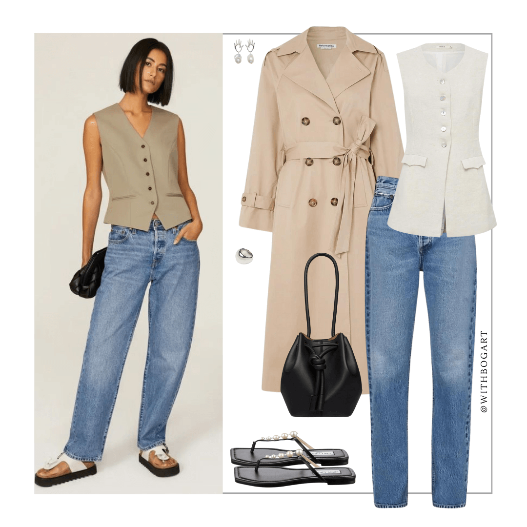 Woman wearing trench coat, vest, jeans and flat sandals