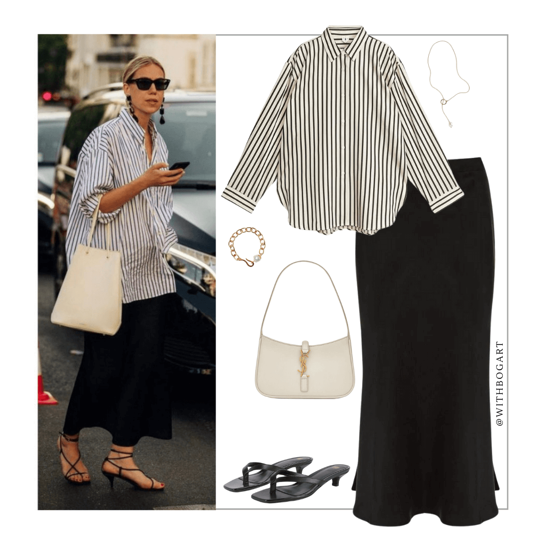 Woman wearing stripe shirt, slip skirt and low black heels