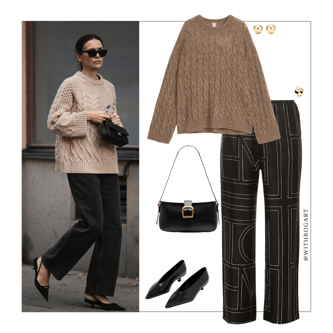 Woman wearing brown jumper, black silk pull-on pants, black pumps