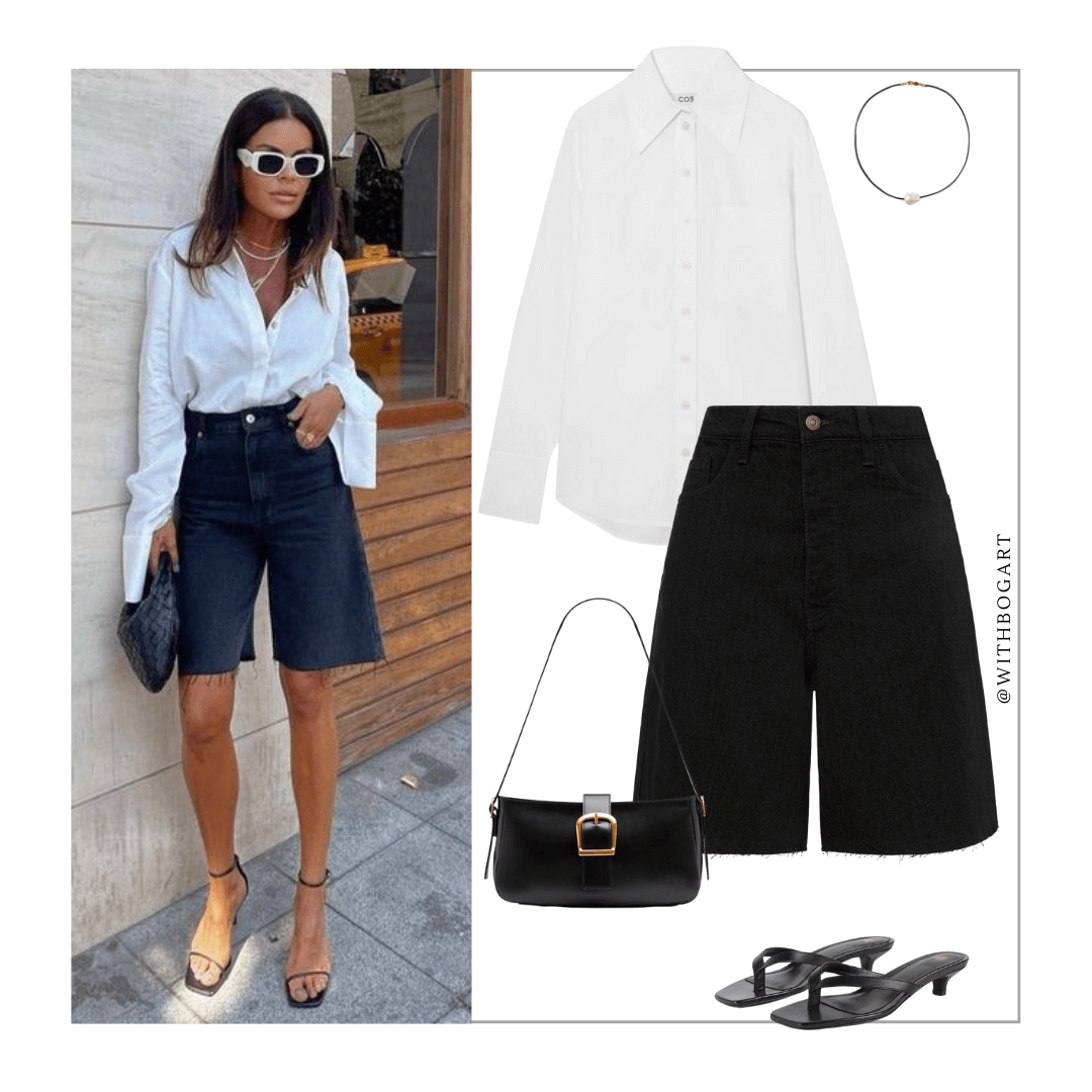 woman wearing white shirt, black denim shorts and black low heels.