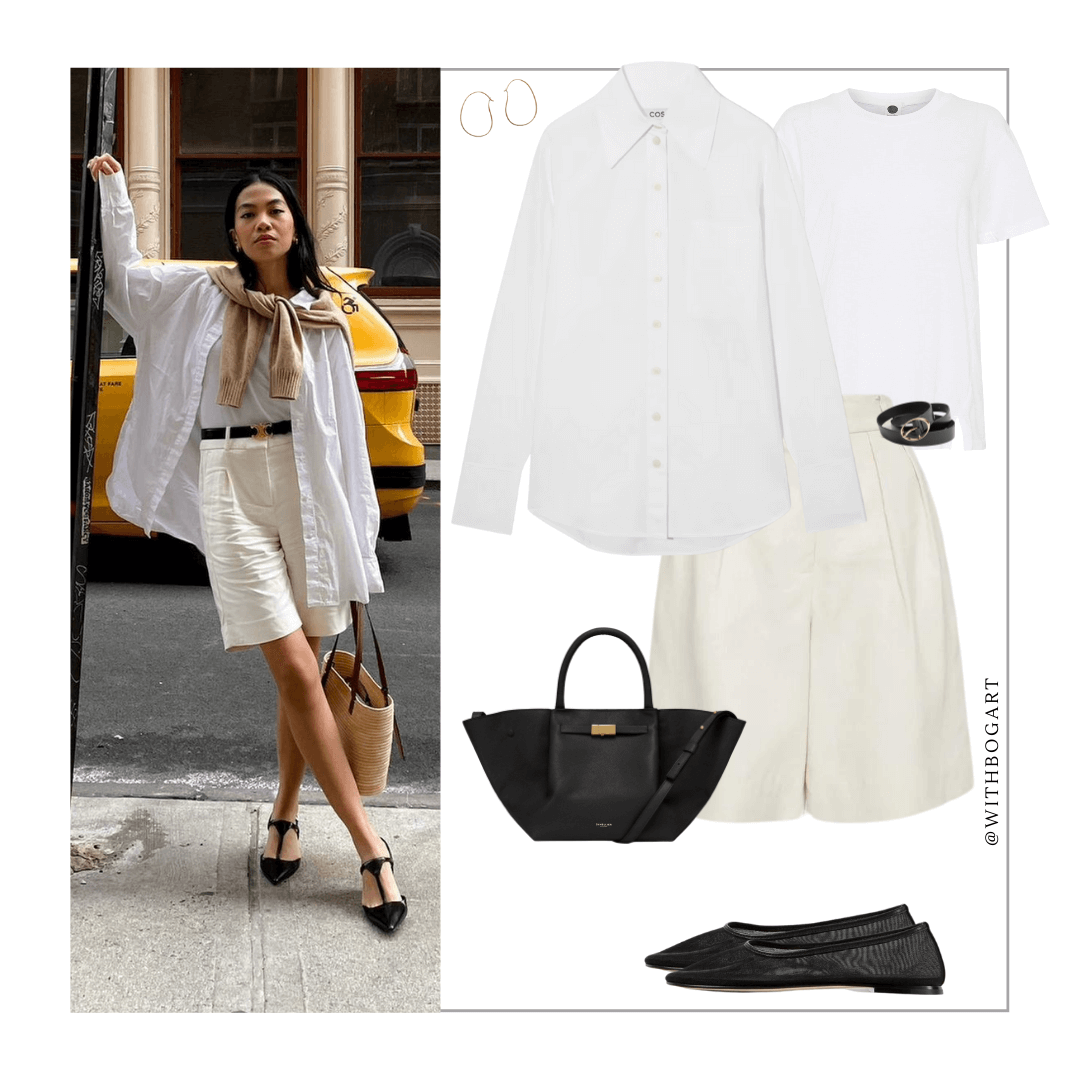 Woman wearing white shirt, t-shirt, white shorts and black flats.