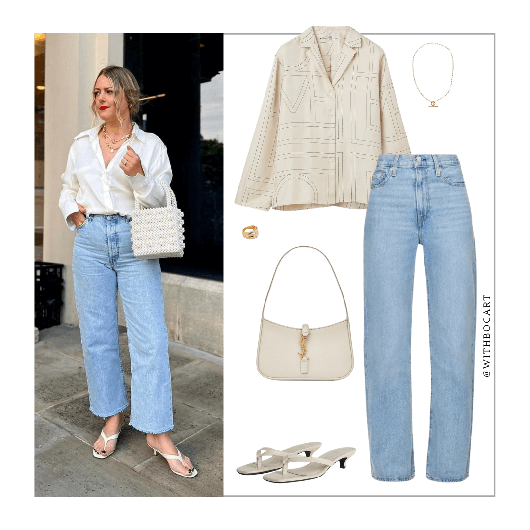 Woman wearing cream silk shirt, jeans, and white heels