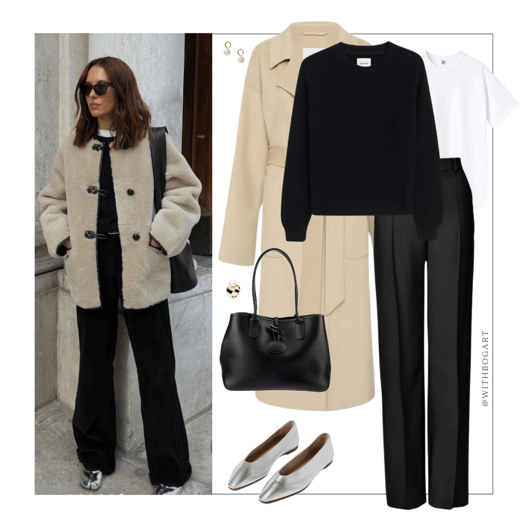 Woman wearing black jumper, black pants, white t-shirt, silver flats and cream coat