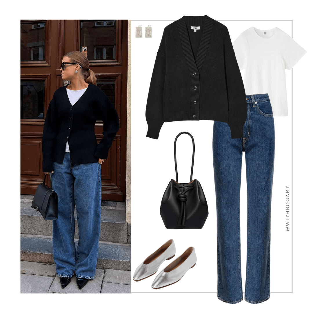 Woman wearing black cardigan, tshirt, jeans and silver ballet flats