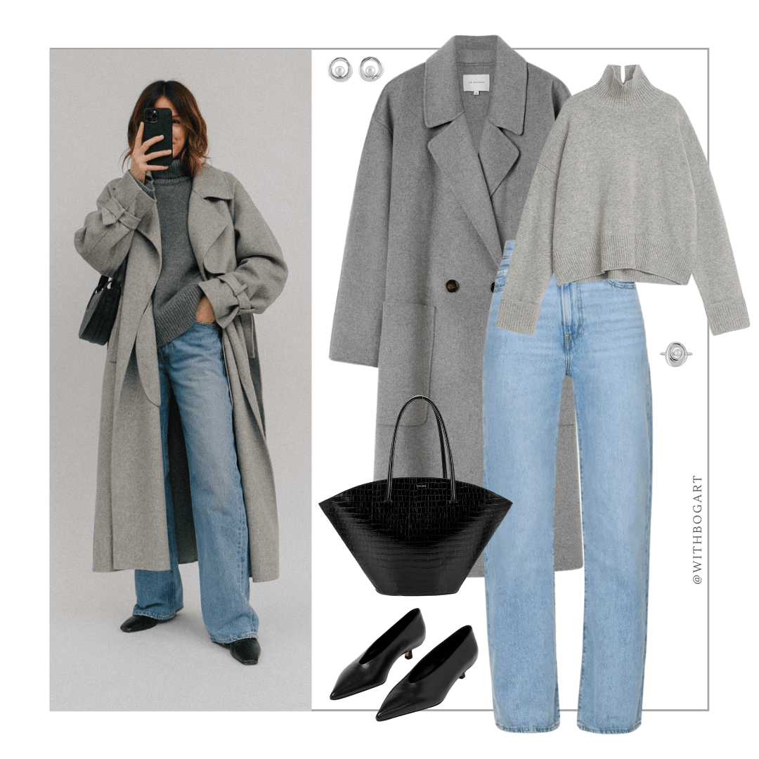 Woman wearing grey coat, grey jumper, jeans and black heels