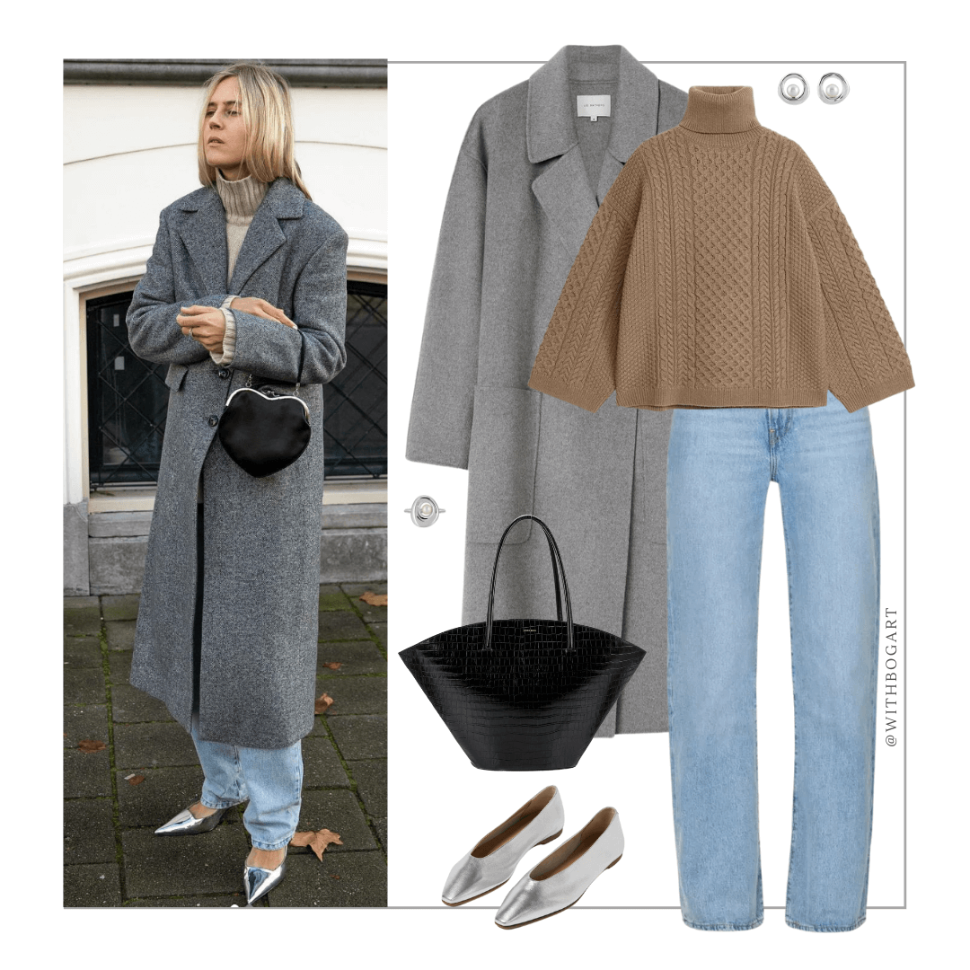 Woman wearing grey coat, brown jumper, jeans and silver flats