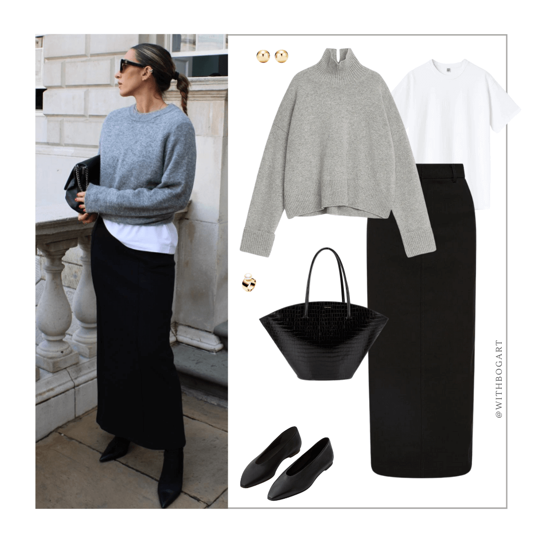 Woman wearing grey jumper, white t-shirt, black pencil skirt and black flats