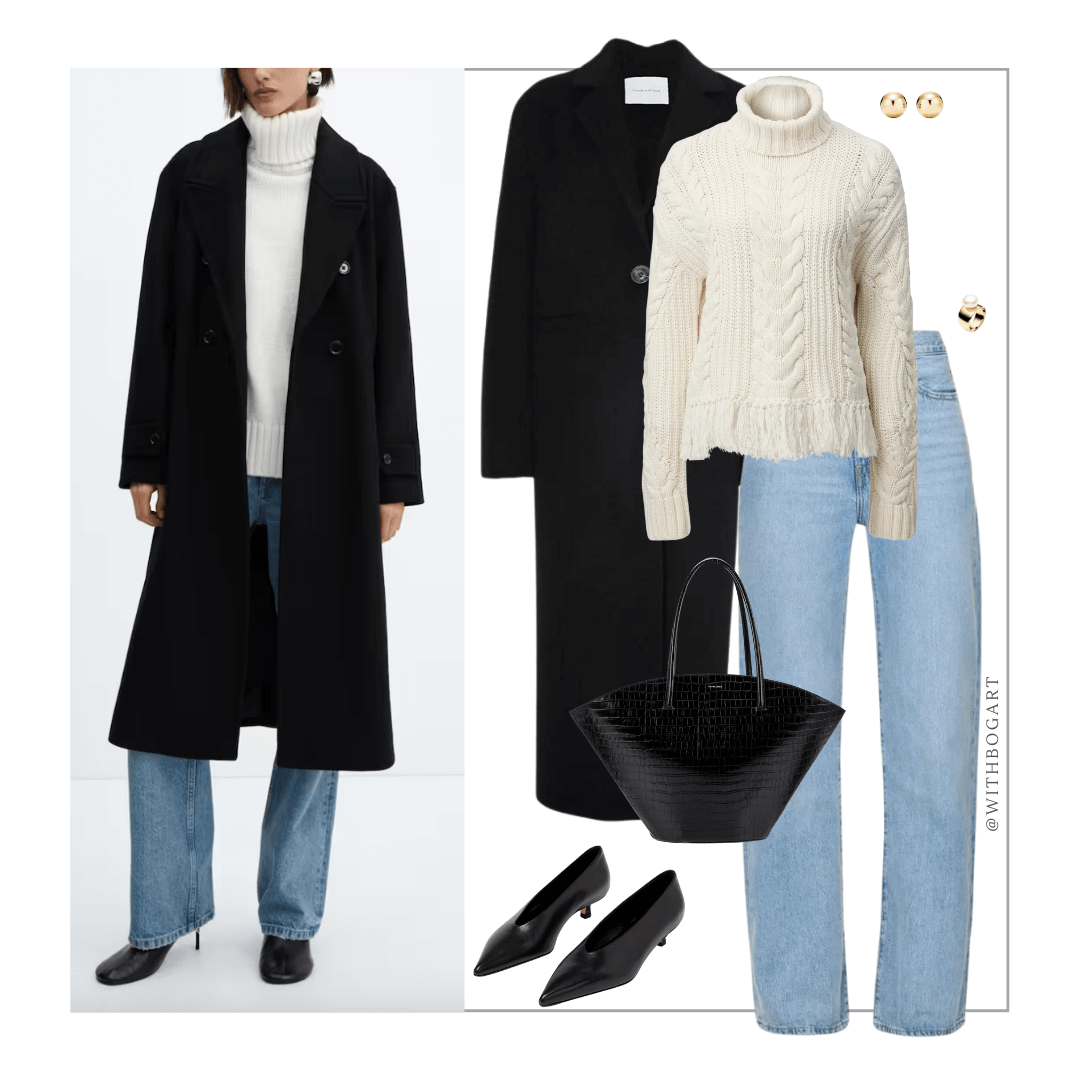 Woman wearing black coat, cream jumper, jeans, and black heels