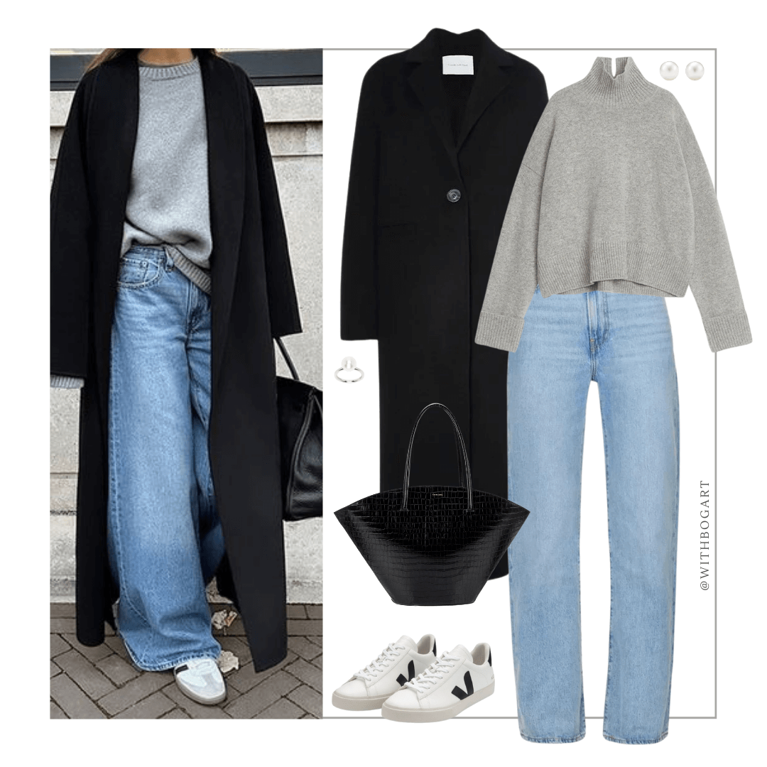 Woman wearing black caot, grey jumper, jeans and sneakers