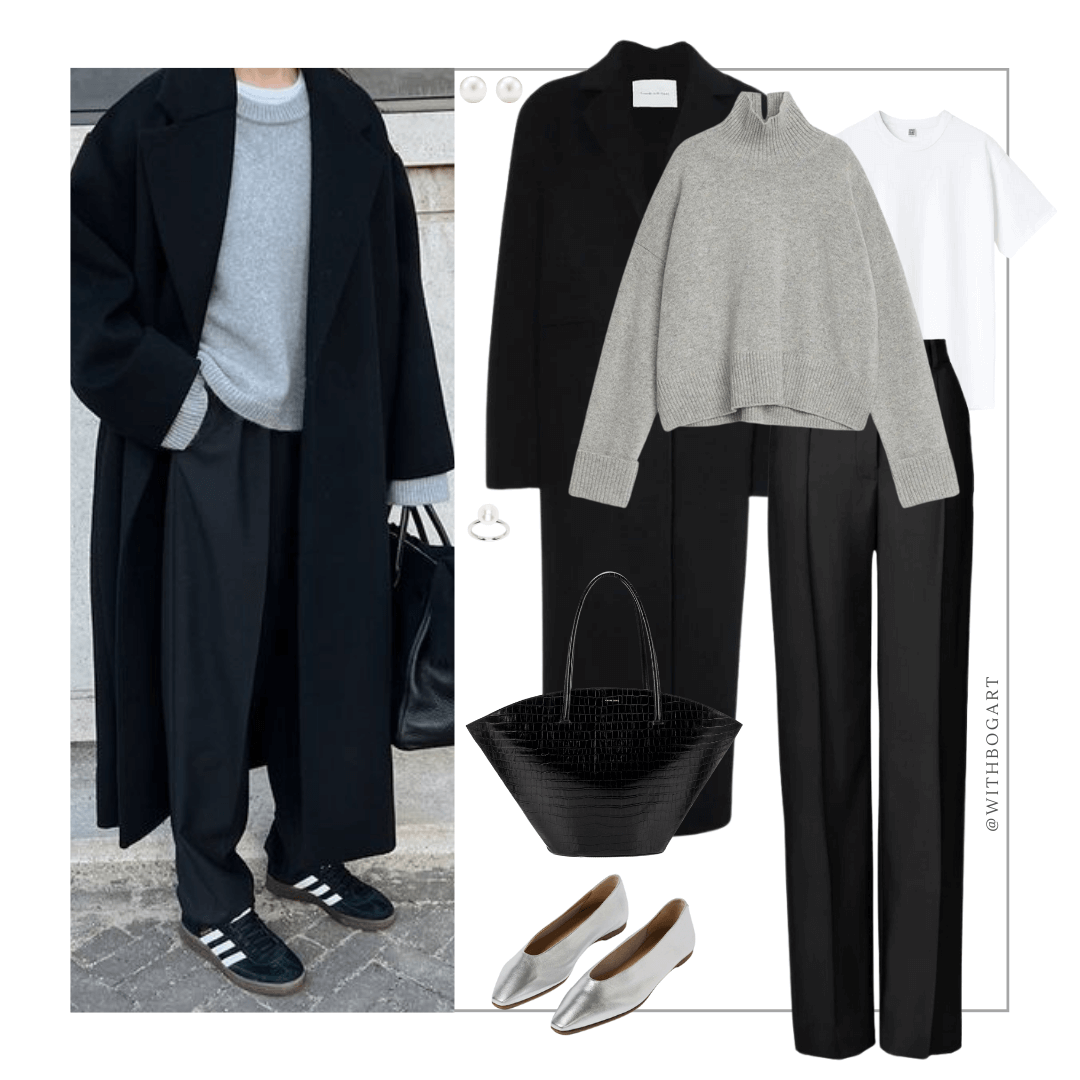 Woman wearing black coat, grey jumper, black pants, and silver flats