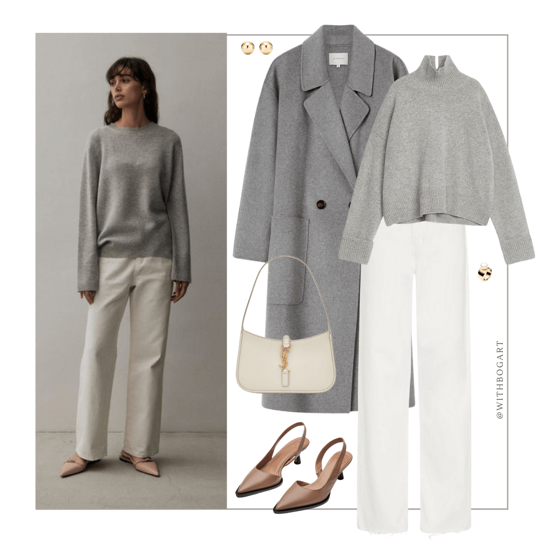 Woman wearing grey coat, grey jumper, white jeans, and tan heels