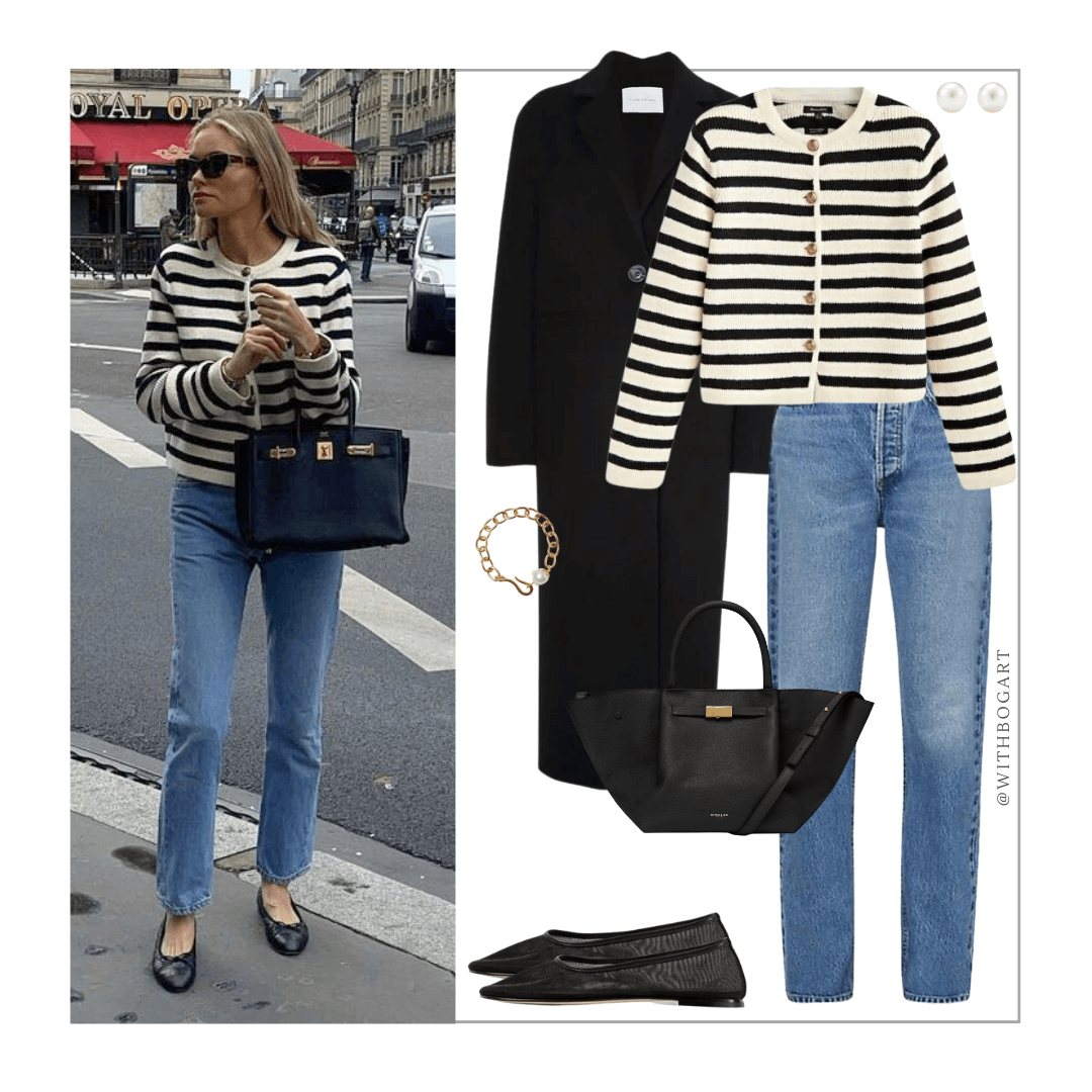 Woman wearing black coat, breton stripe cardigan, jeans and mesh ballet flats