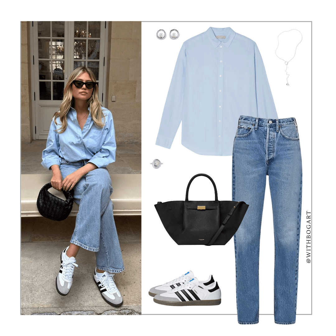 Woman wearing light blue shirt, jeans and Samba sneakers